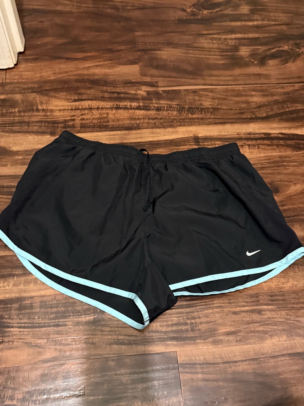 Nike Black Women's Athletic Shorts with Light Blue Trim - Large
